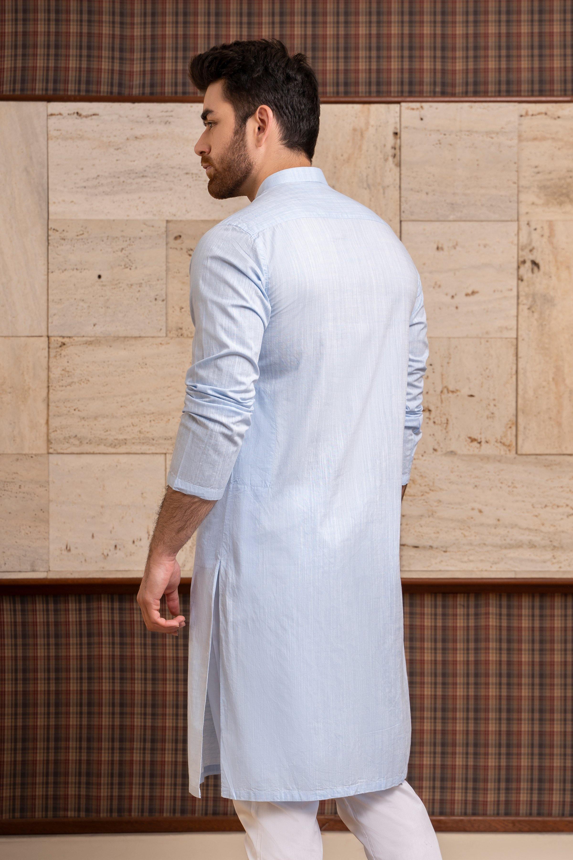 Light sky-blue band-collar kurta back view, long sleeves and straight hem