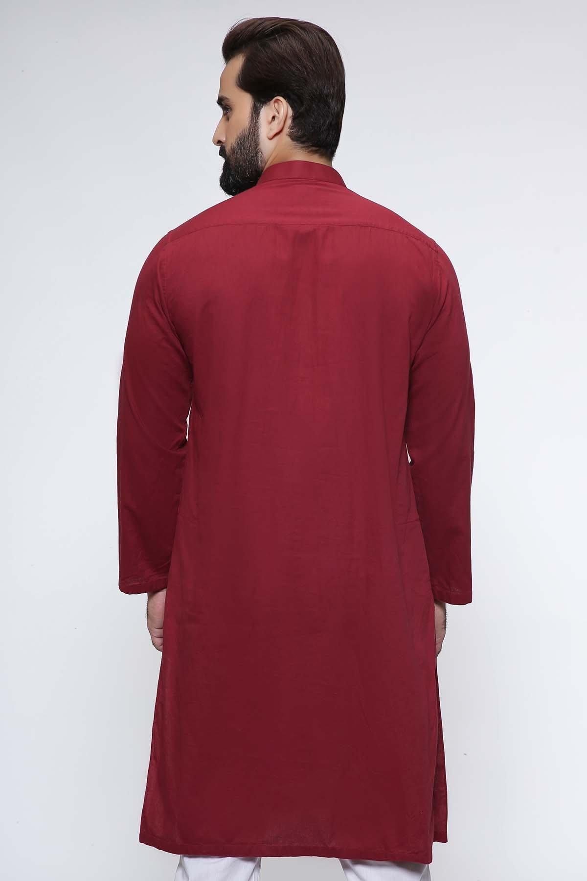 Maroon kurta with band collar, long sleeves, plain back