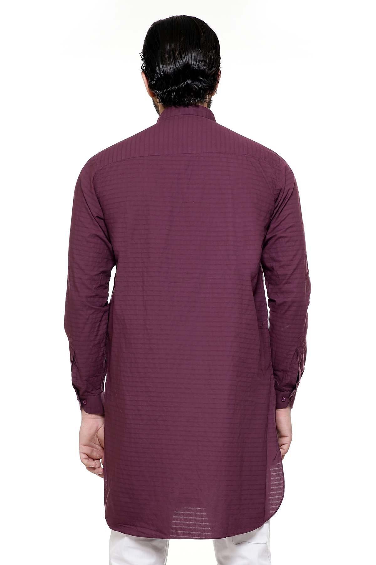 Maroon kurta from back view with band collar and long sleeves, button placket