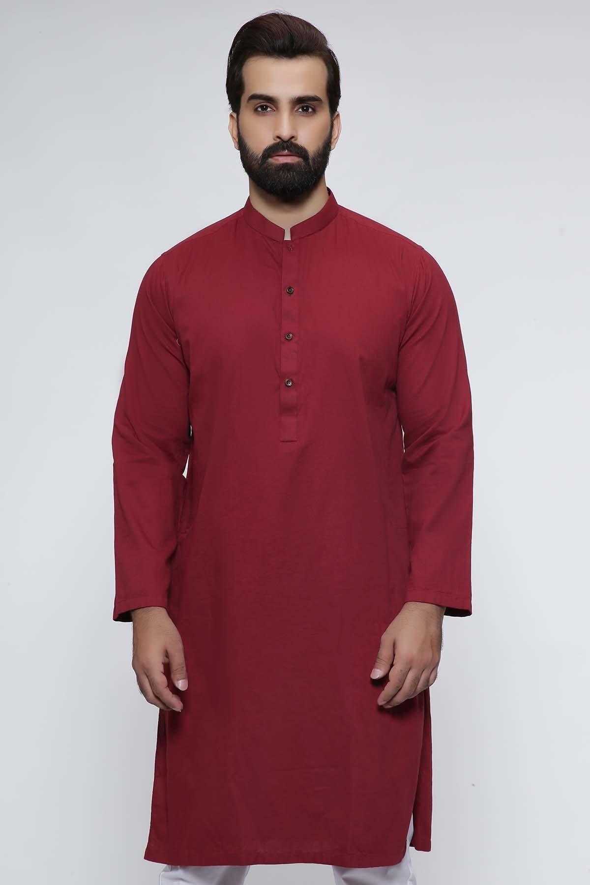 Maroon kurta with band collar and button placket, long sleeves and side slits