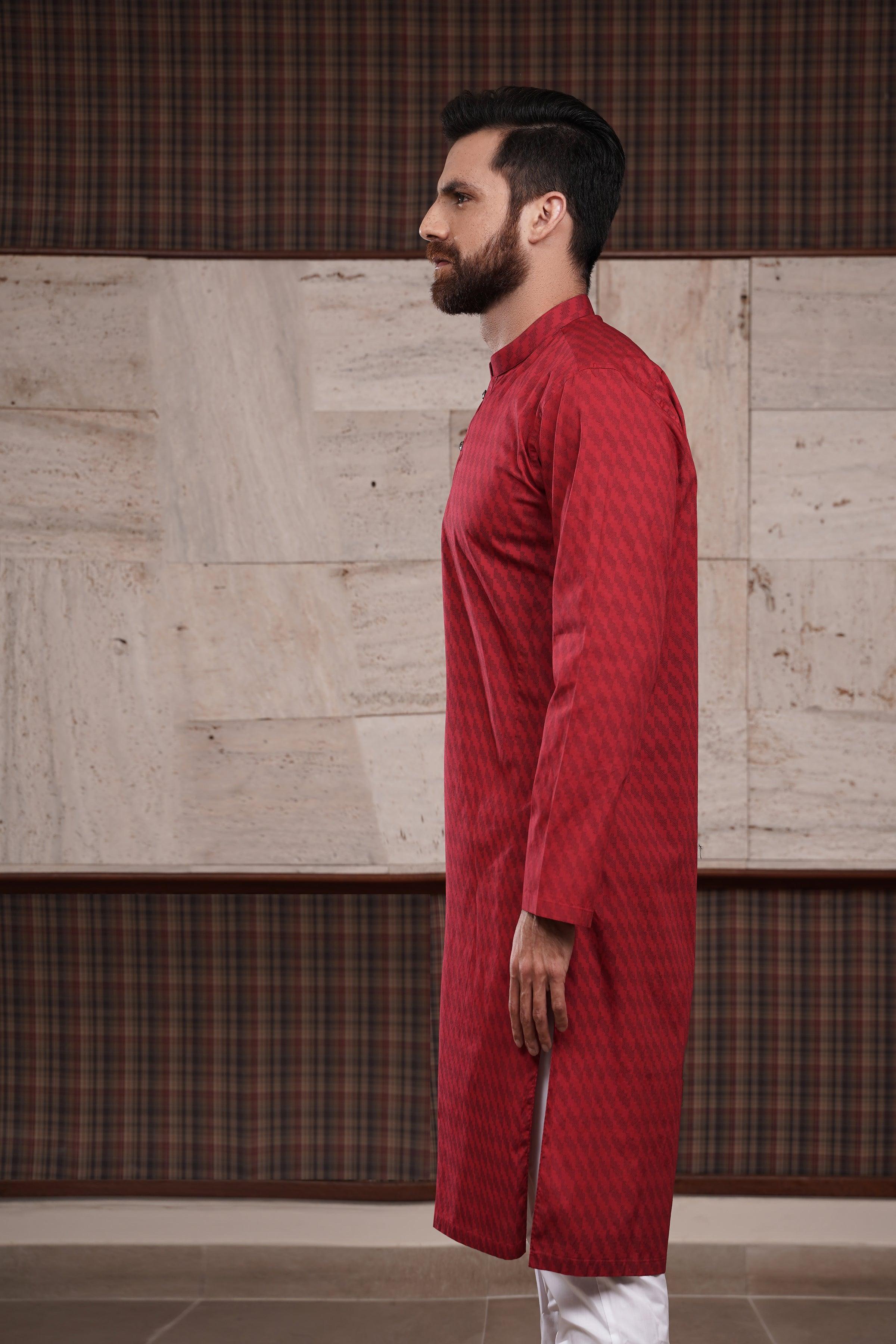 KURTA BAN COLLAR MAROON at Charcoal Clothing