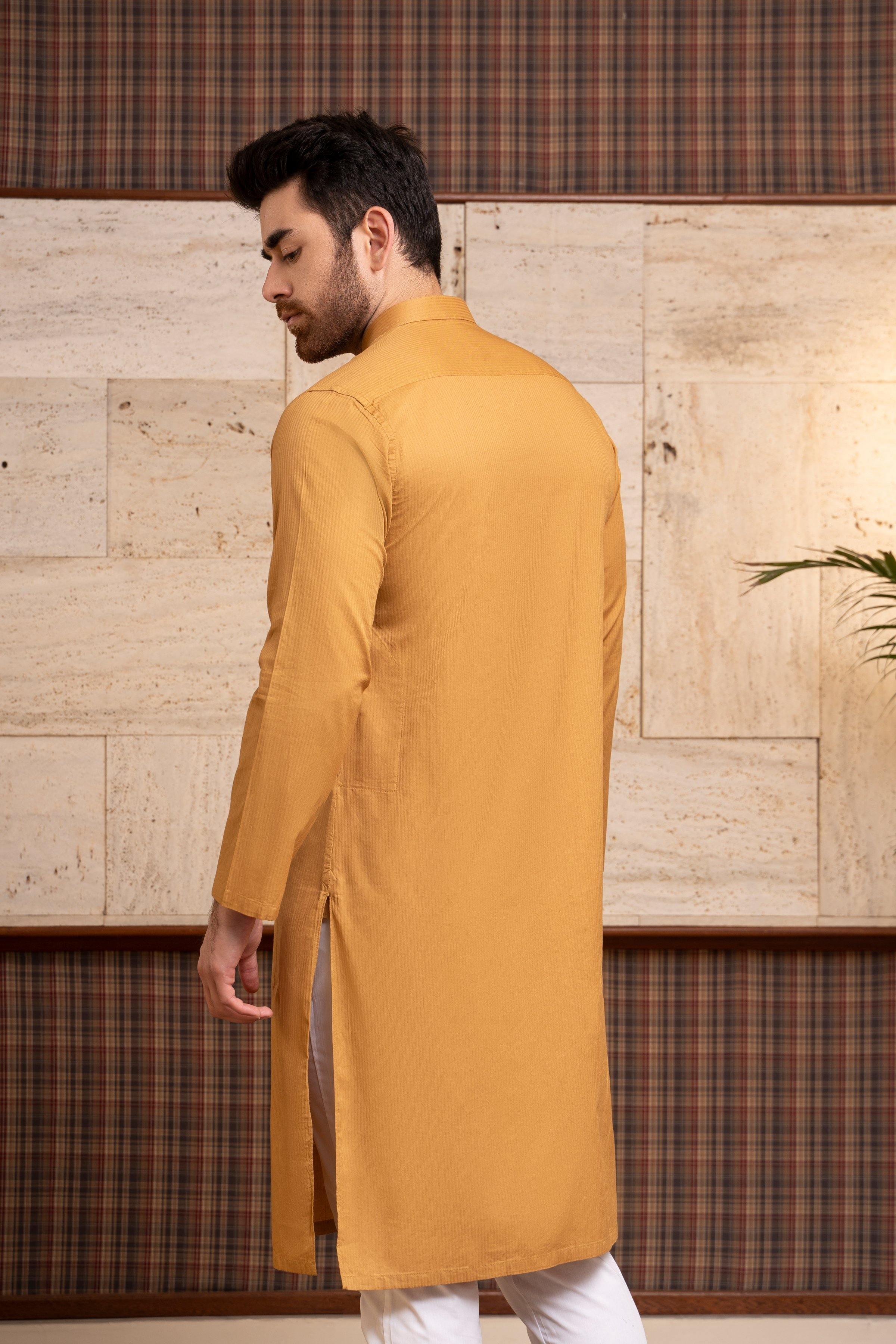 KURTA BAN COLLAR MUSTARD at Charcoal Clothing