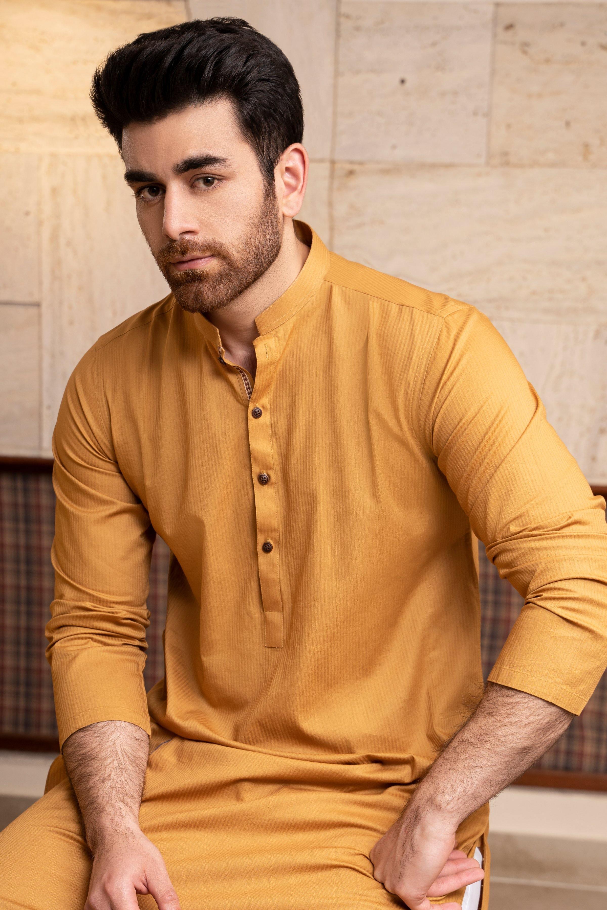 KURTA BAN COLLAR MUSTARD at Charcoal Clothing