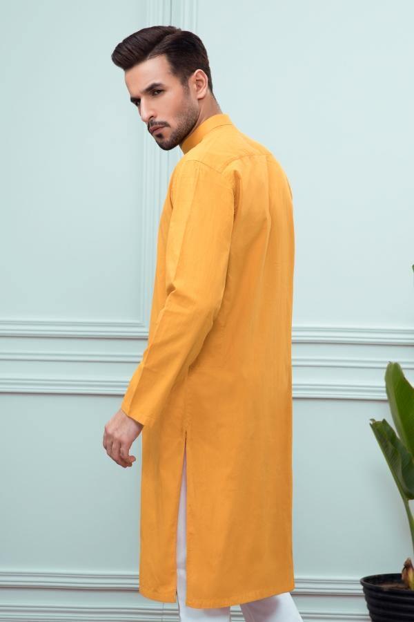 Mustard band-collar kurta, side view with long sleeves and buttoned front