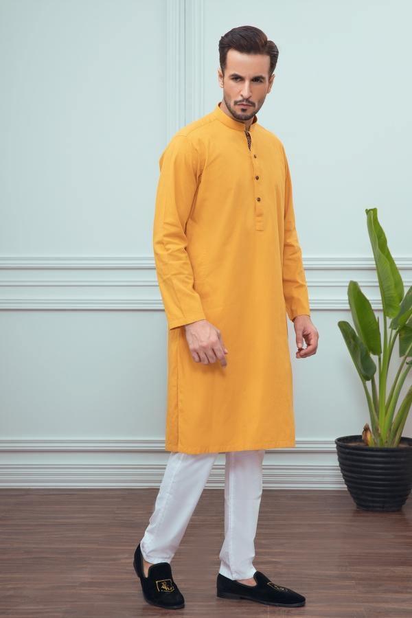 Mustard band-collar kurta with front button placket and long sleeves, knee length