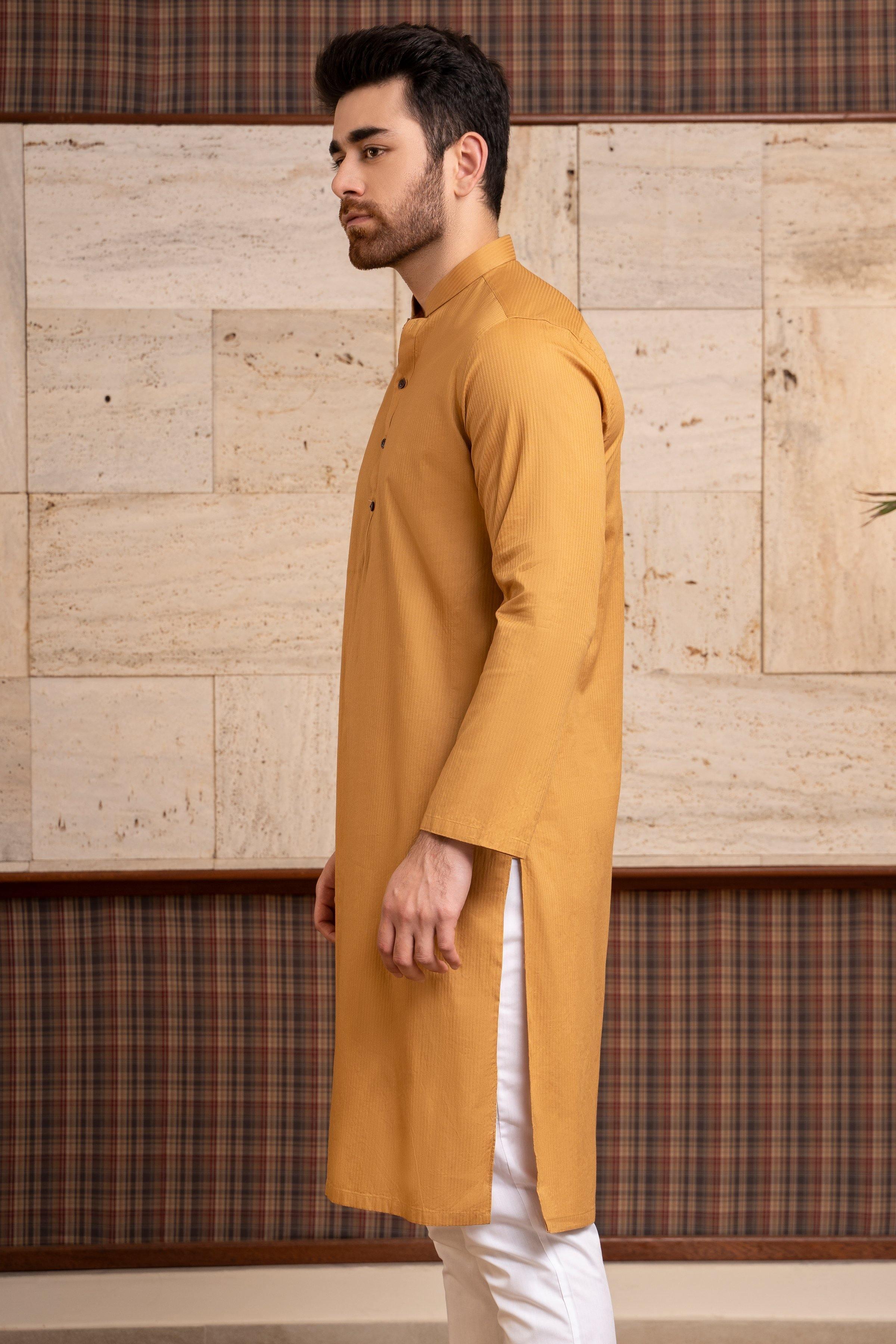 KURTA BAN COLLAR MUSTARD at Charcoal Clothing