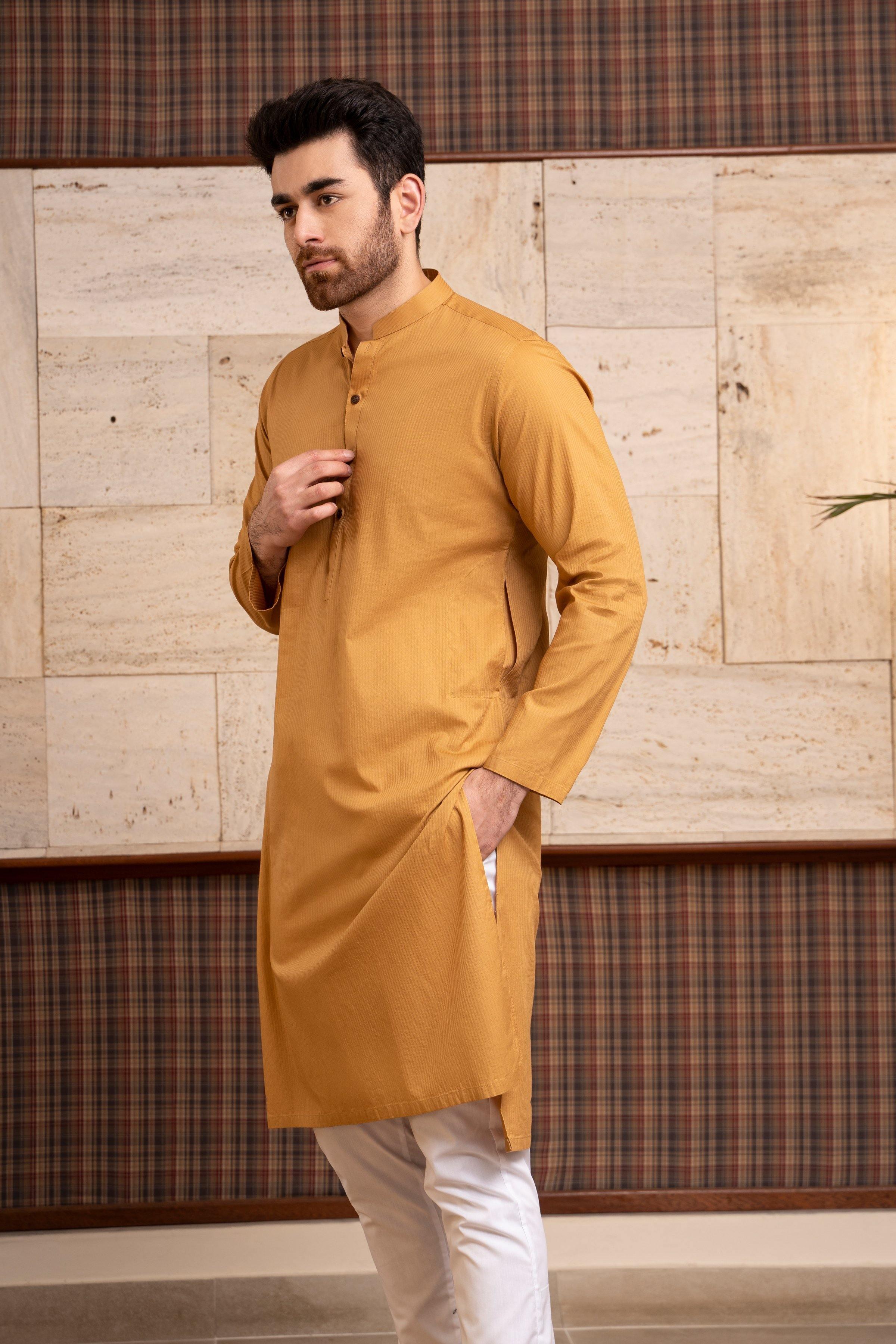 KURTA BAN COLLAR MUSTARD at Charcoal Clothing
