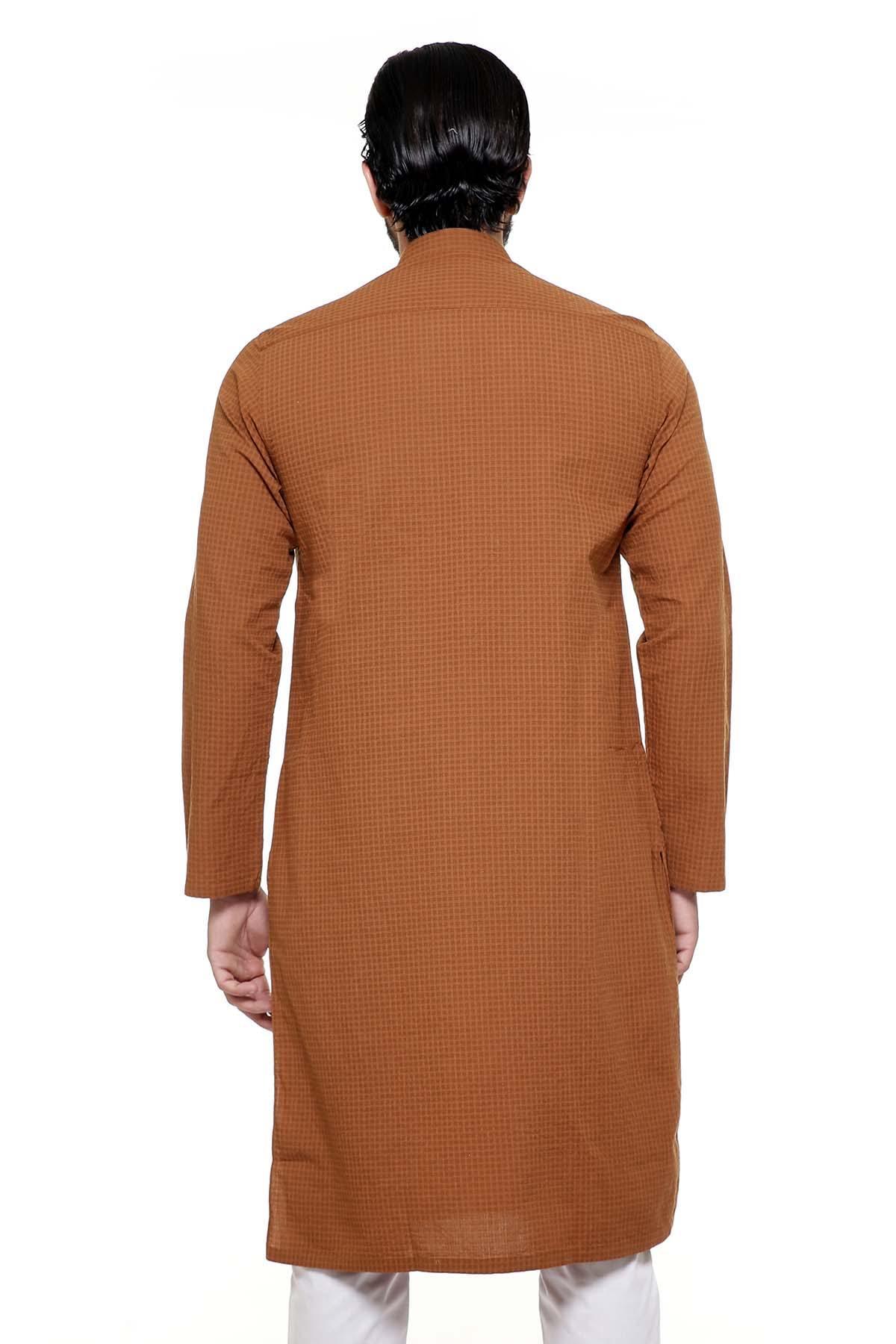 Rust-brown kurta with band collar, back view, long sleeves, straight hem