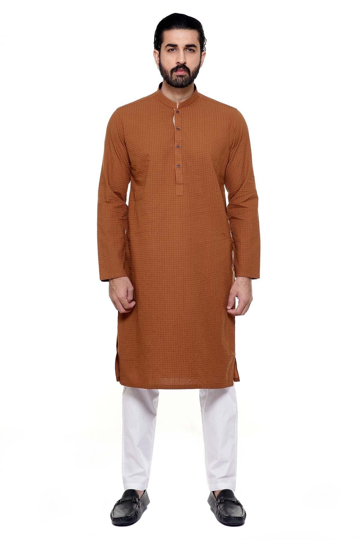 Rust-brown kurta with band collar, button placket, long sleeves, side slit hem