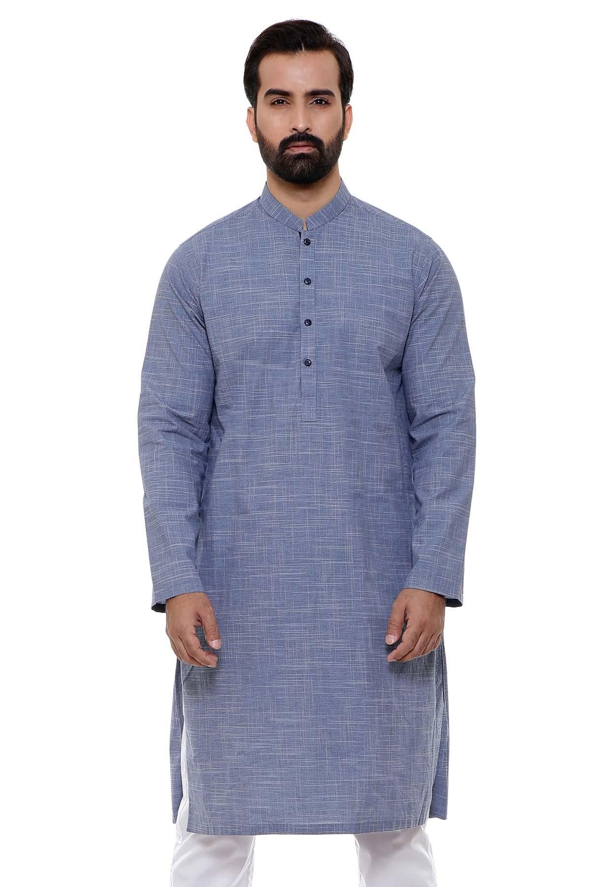 KURTA BAN COLLAR NAVY WHITE at Charcoal Clothing