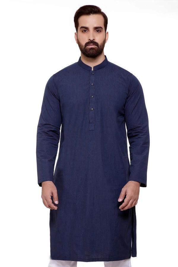 Navy kurta with band collar and long button-front, straight tunic fit