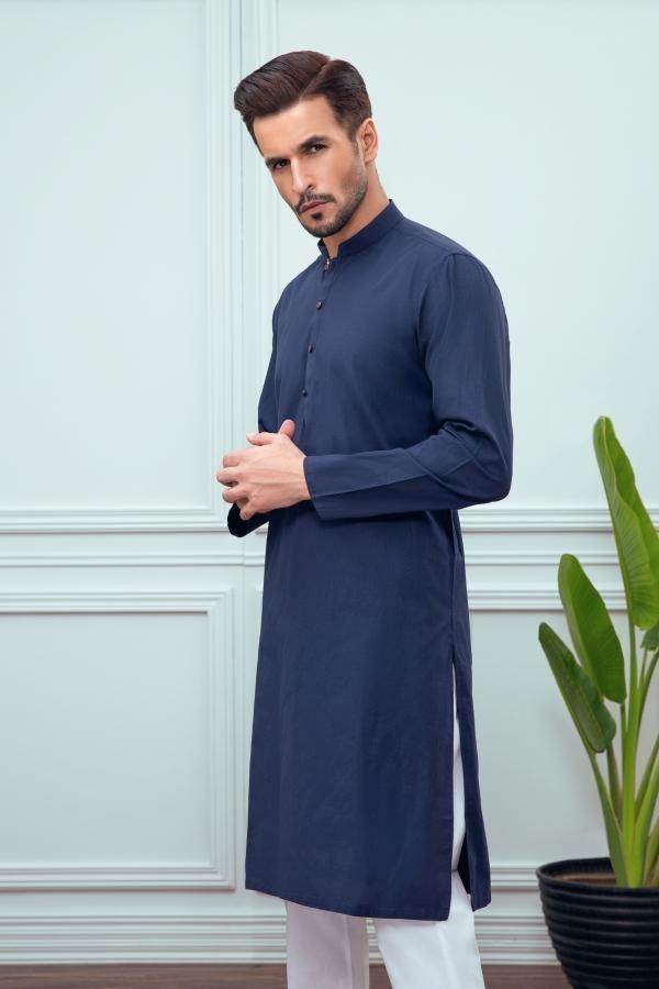 Navy band-collar kurta with side slit and button placket, long sleeves
