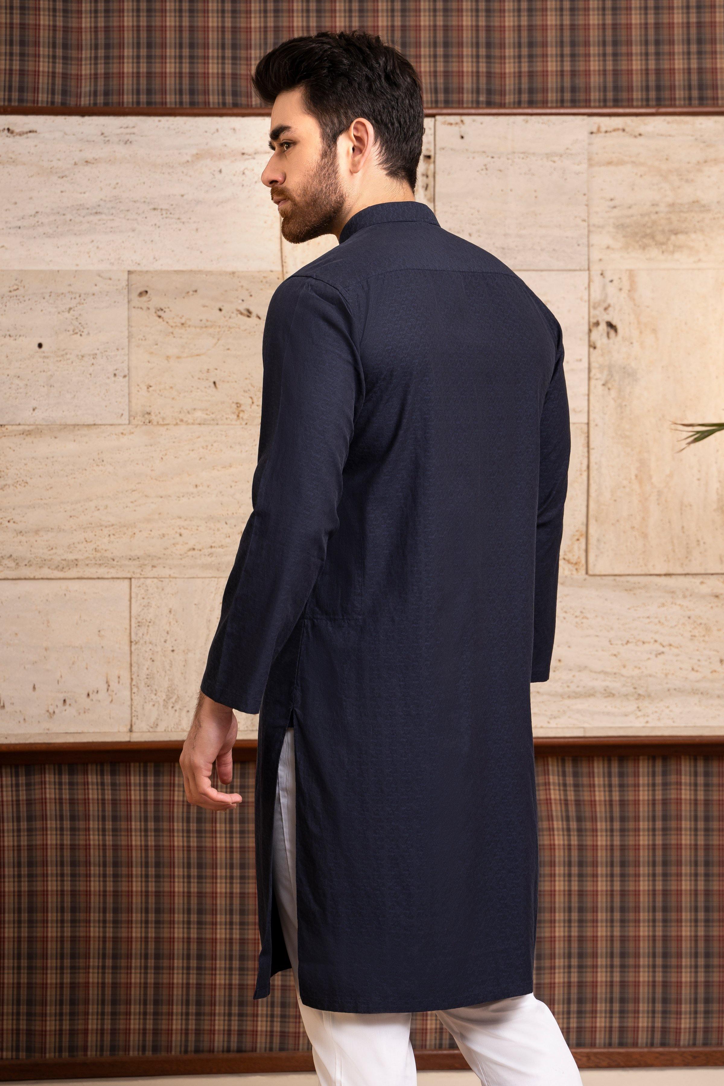 KURTA BAN COLLAR NAVY at Charcoal Clothing