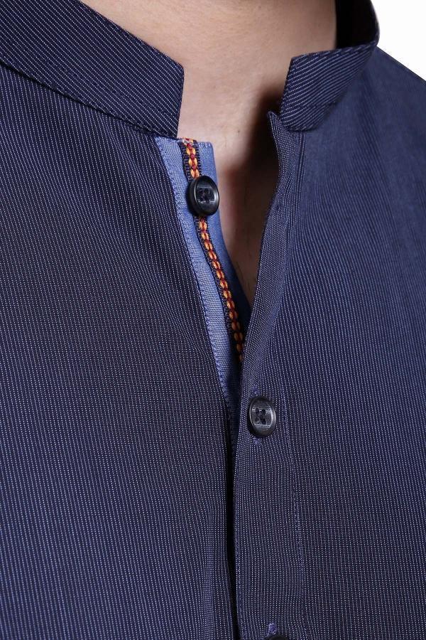 Navy band collar kurta with black button closures and stitched detail