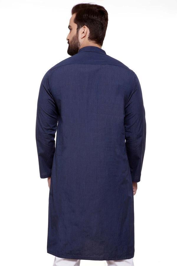 Dark navy kurta with band collar, long sleeves, button-front placket