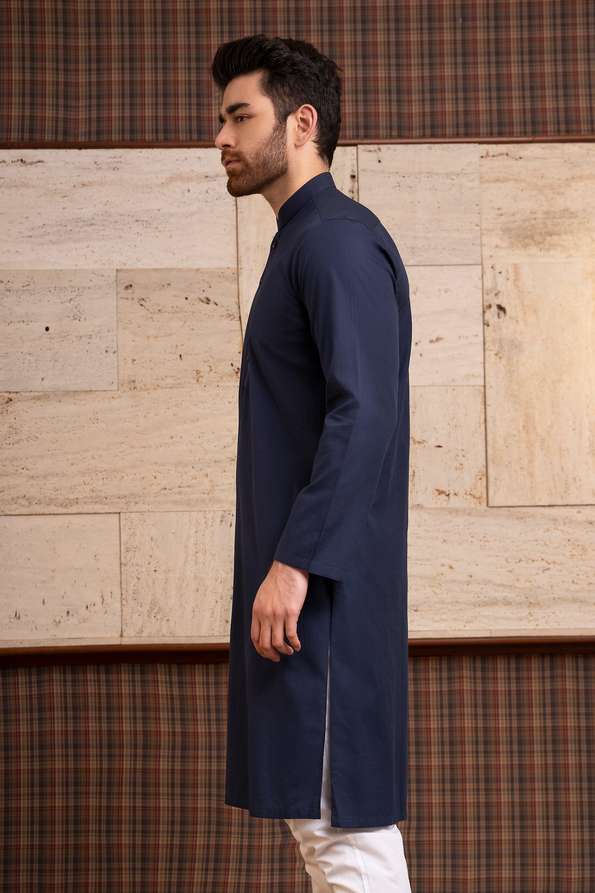 Navy kurta with band collar, side view, long sleeves and button front