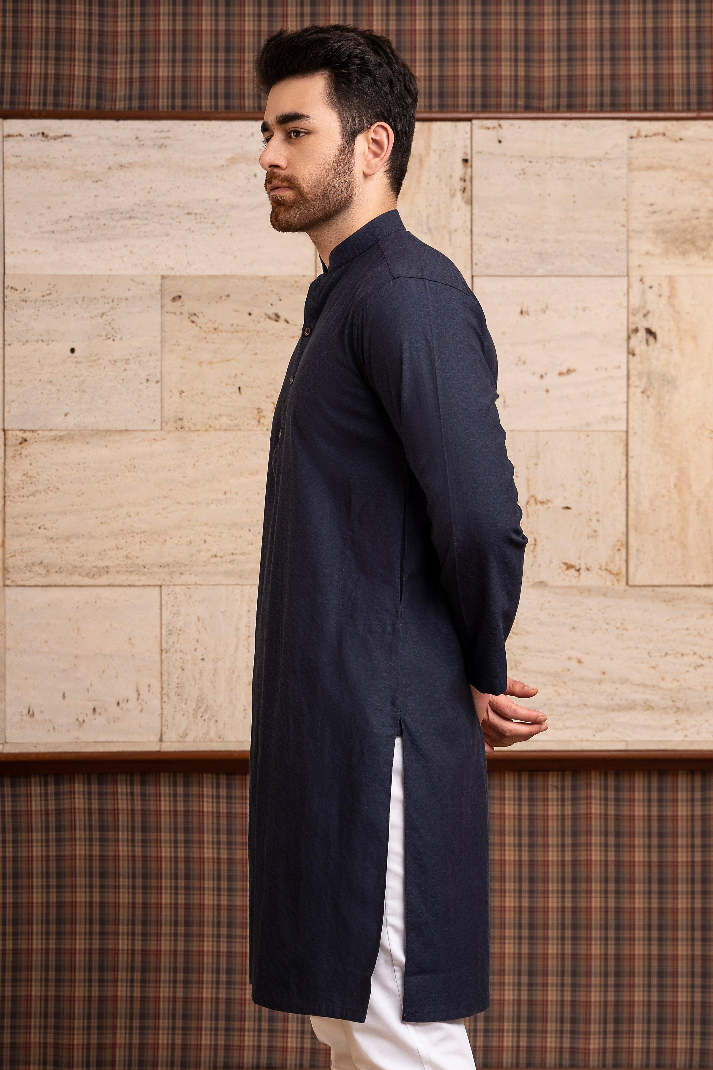 KURTA BAN COLLAR NAVY at Charcoal Clothing