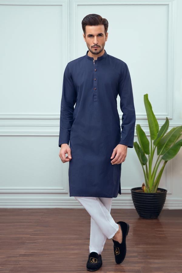 Navy band-collar kurta with button placket, long sleeves, knee-length