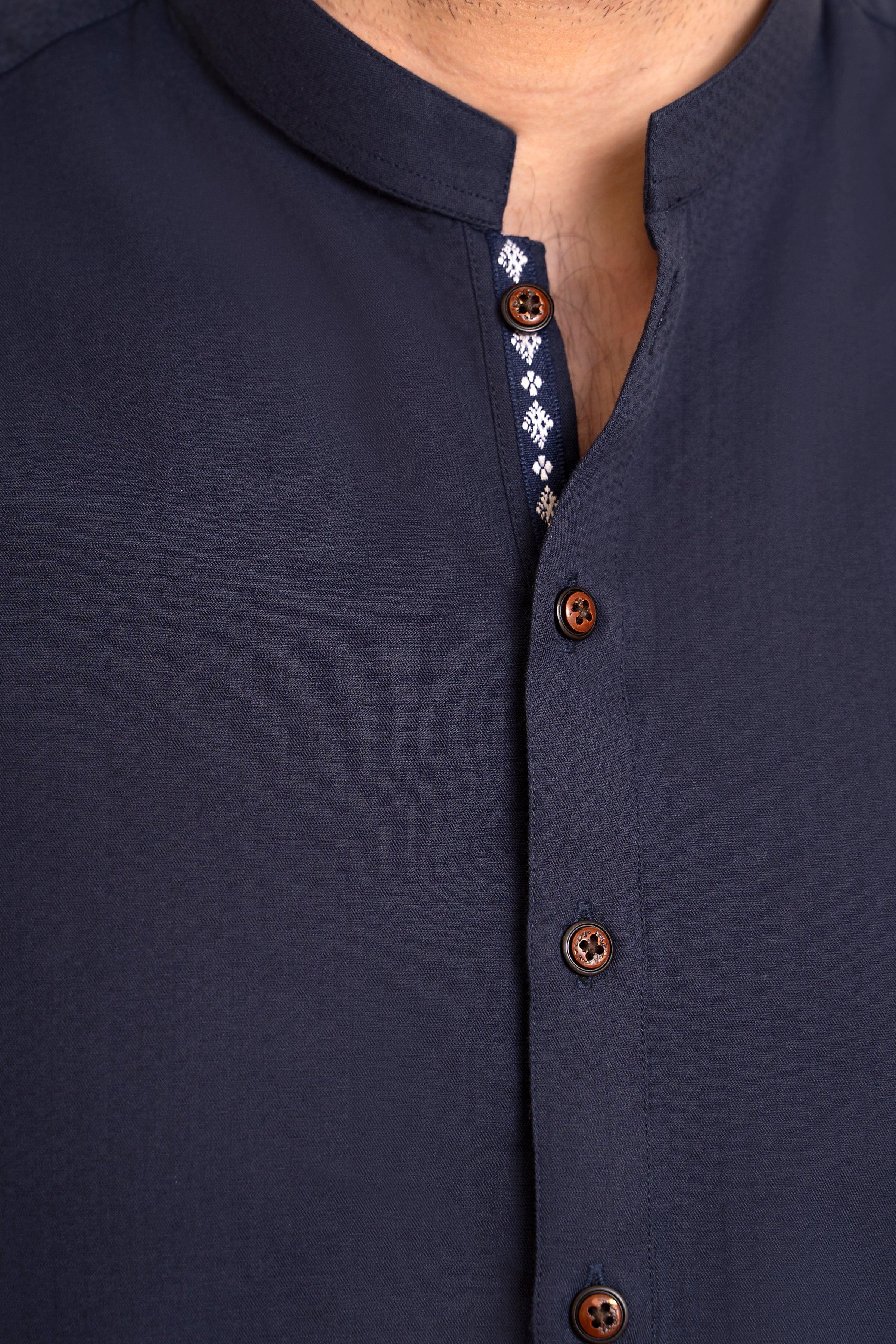 Navy band collar kurta with embroidered trim and brown button placket