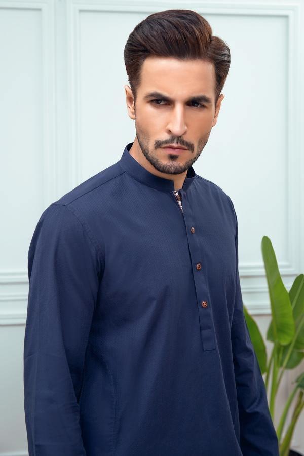 Navy band-collar kurta close-up with button placket and textured fabric