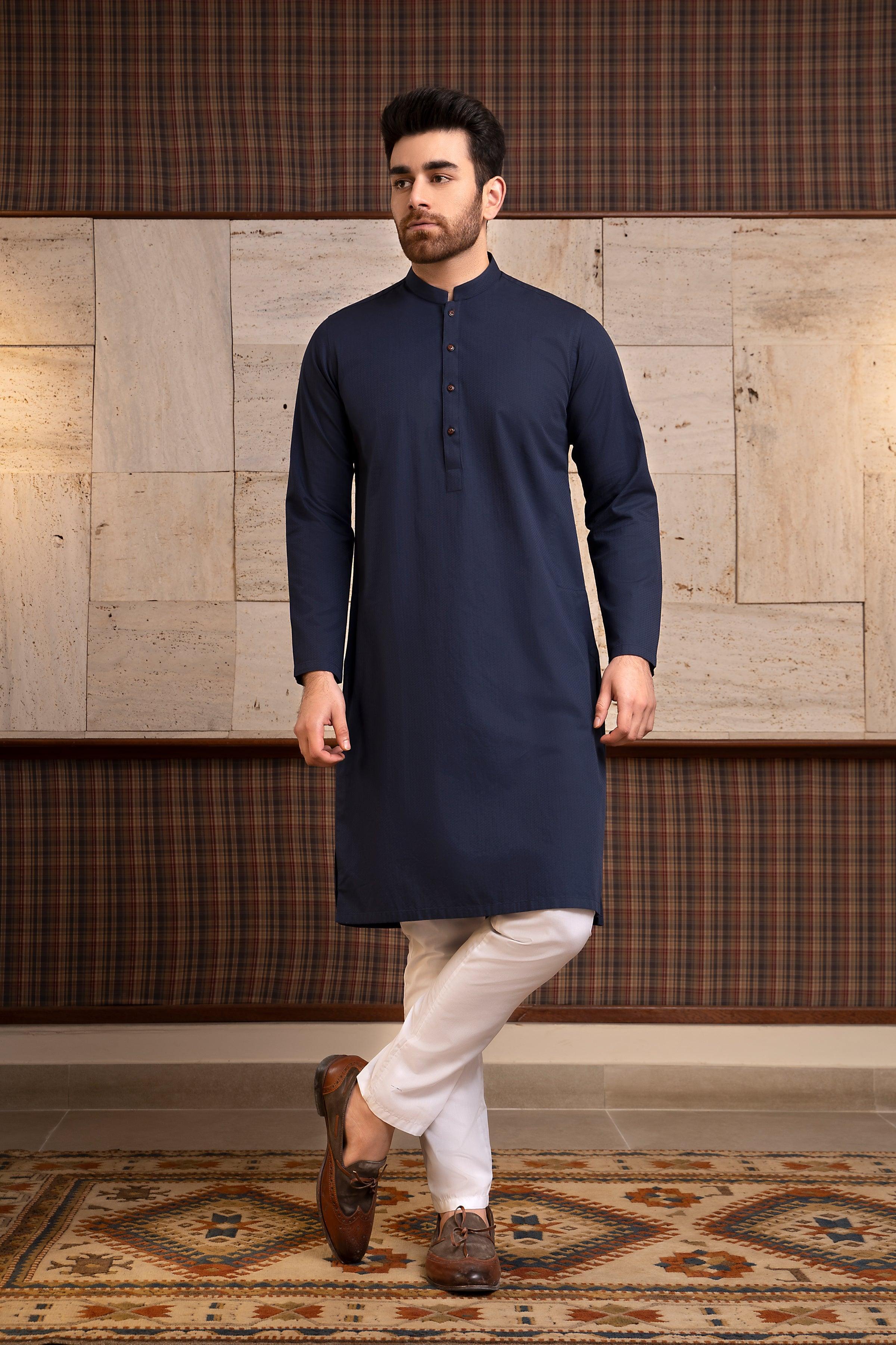 Navy kurta with band collar and three-button placket, long sleeves