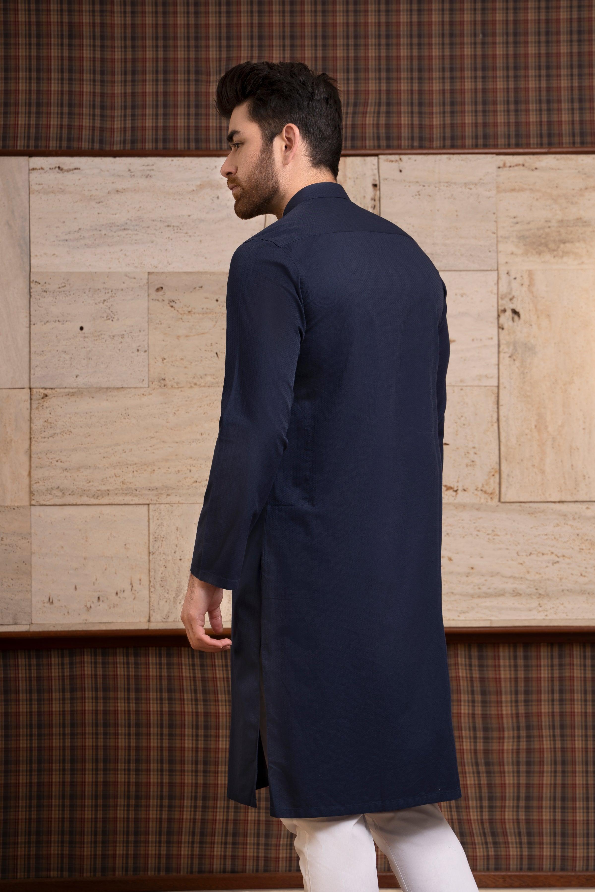Navy kurta with band collar, rear three-quarter view, long sleeves
