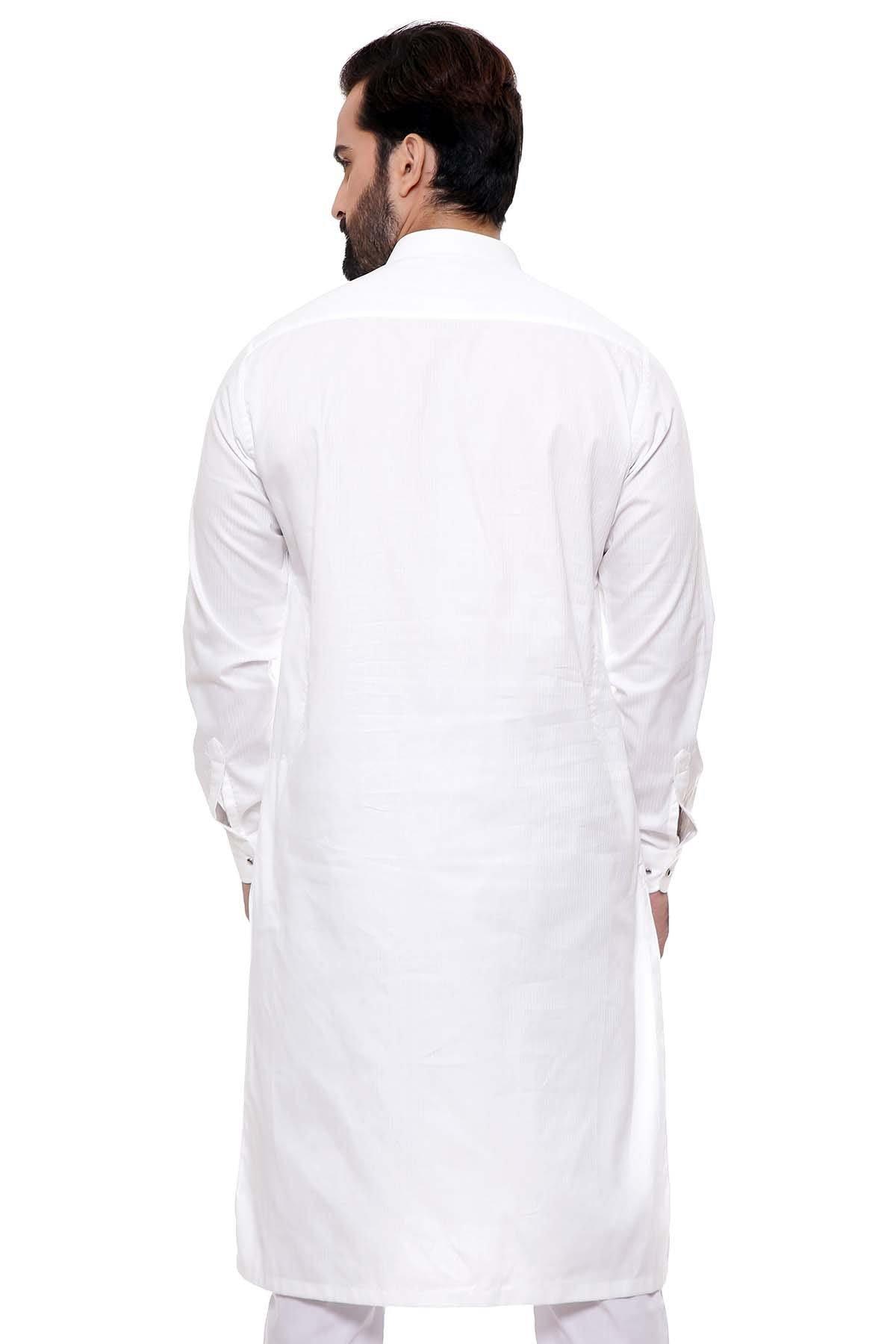 Off-white men's kurta, back view with long sleeves and straight hem