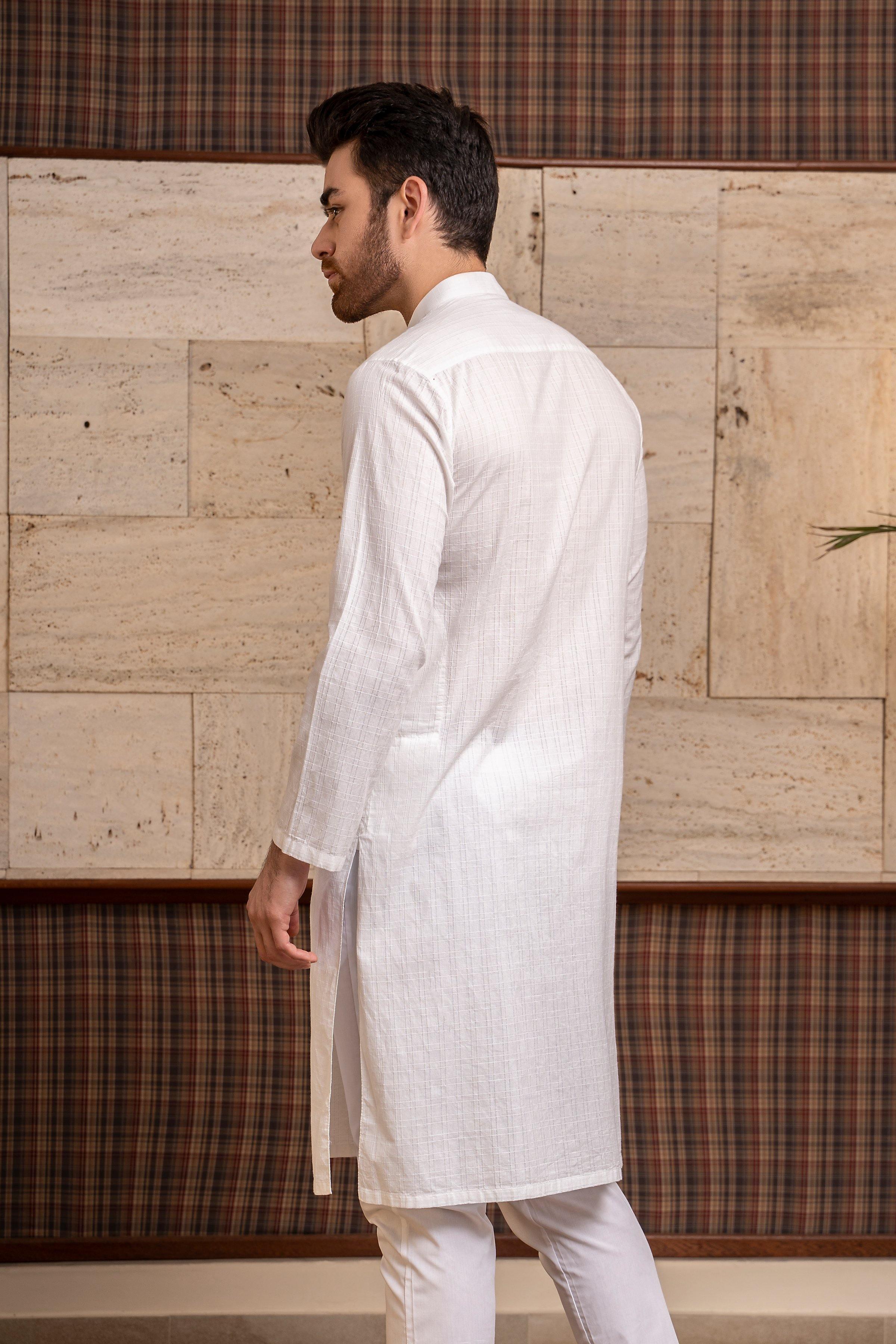 Off-white ban collar kurta in side view, long sleeves