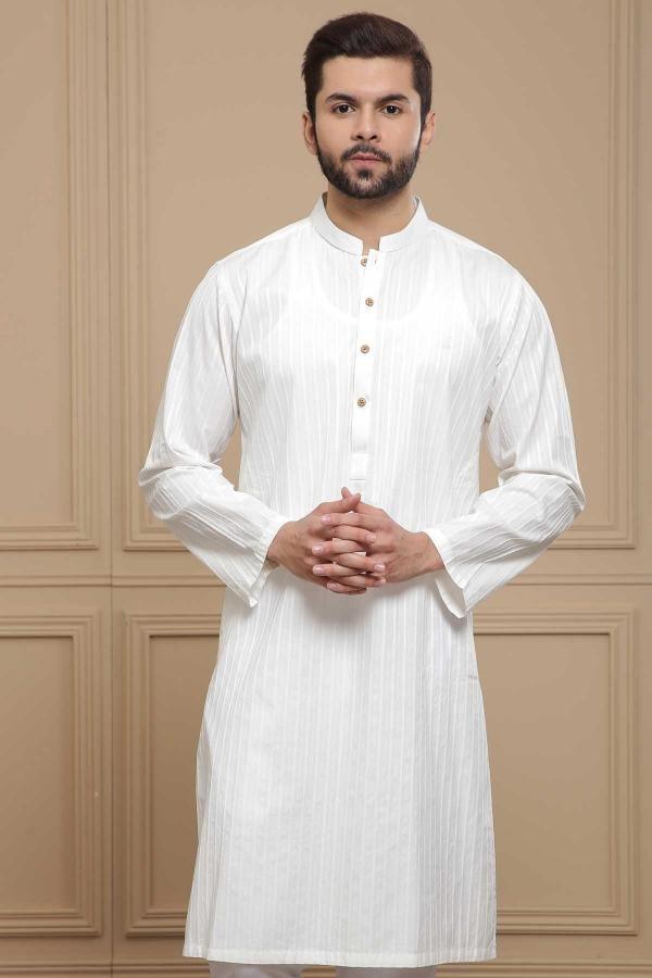 Off-white band-collar kurta with long sleeves and button placket, front view