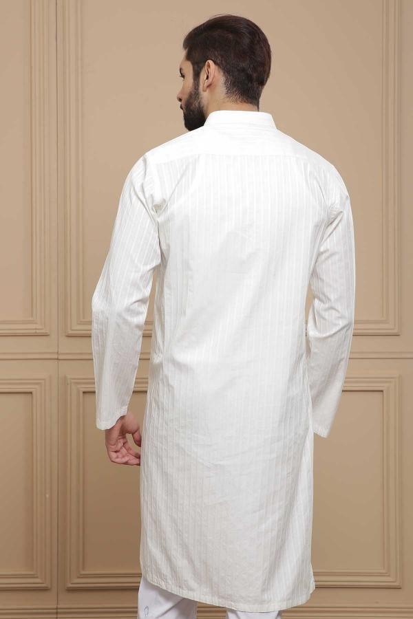 Off-white band-collar kurta, long sleeves, back view