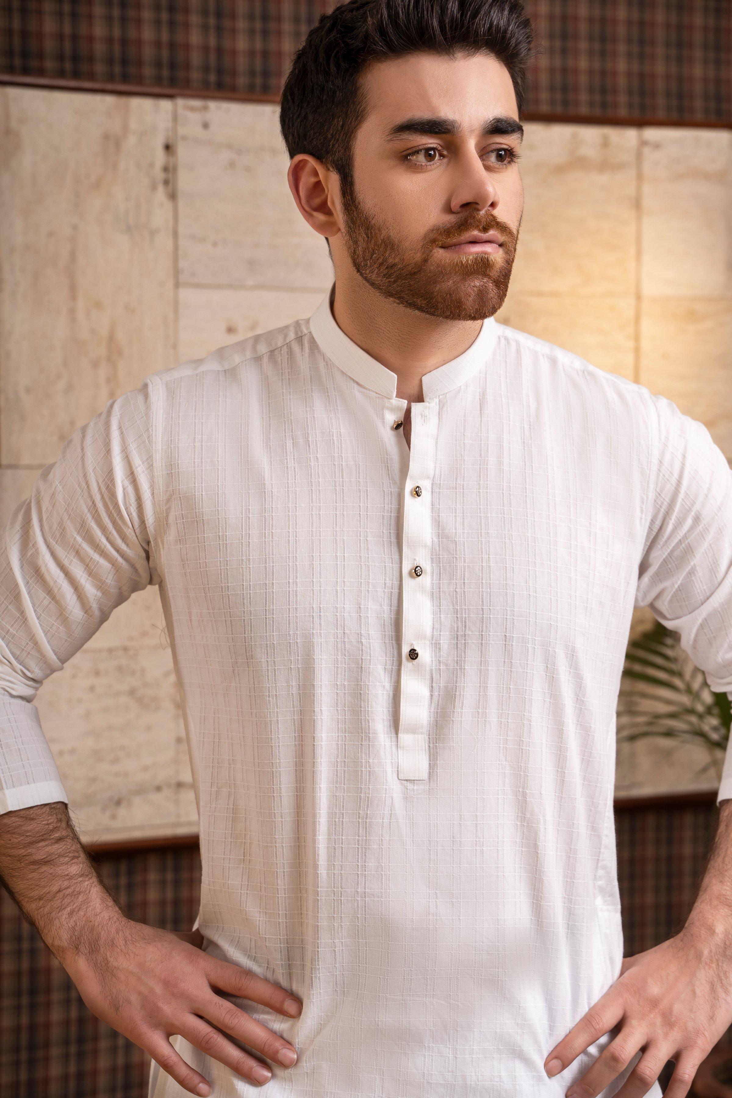 Off-white ban collar kurta with button-front and textured fabric