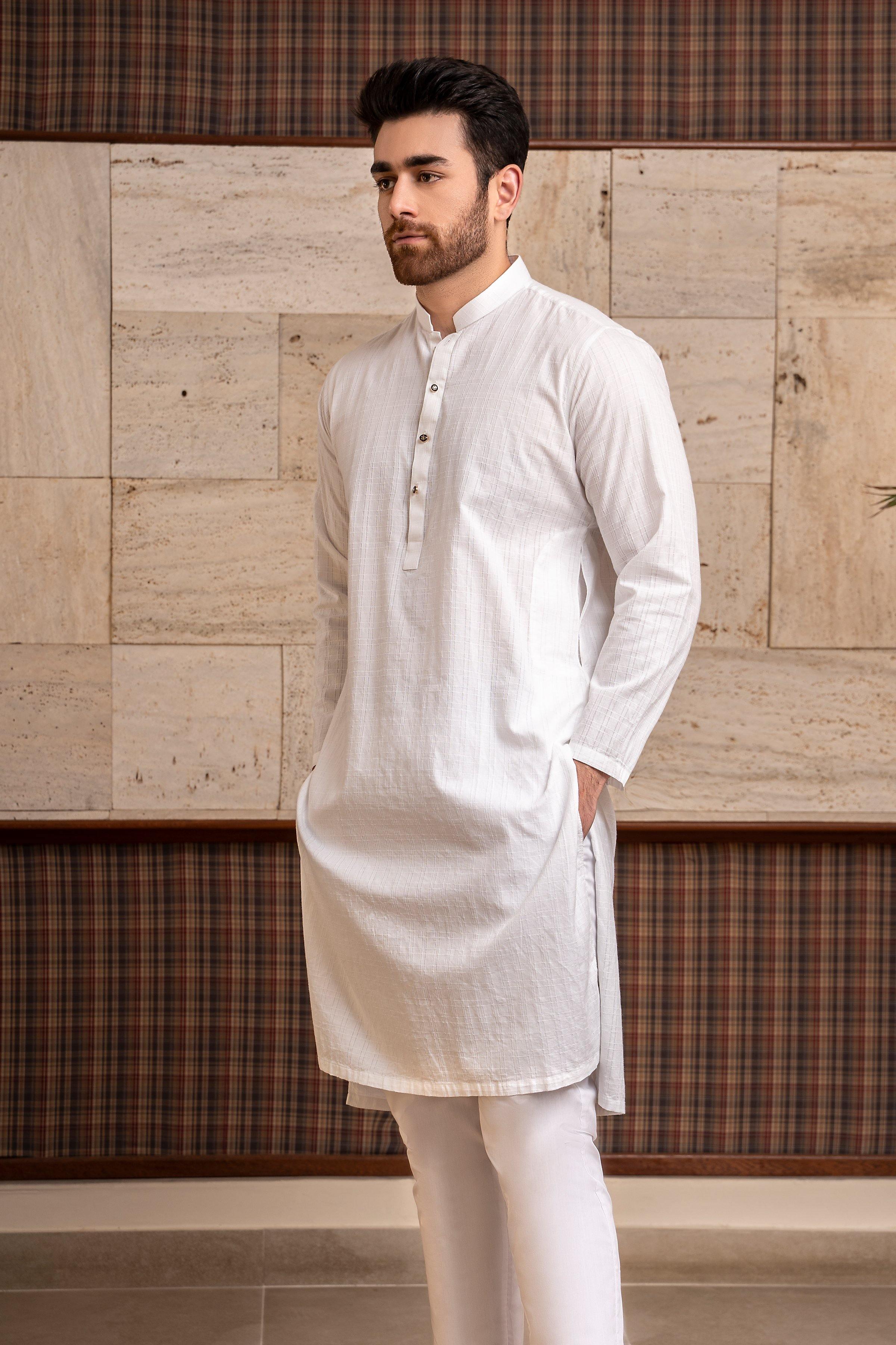Off-white ban collar kurta with button-front placket and long sleeves