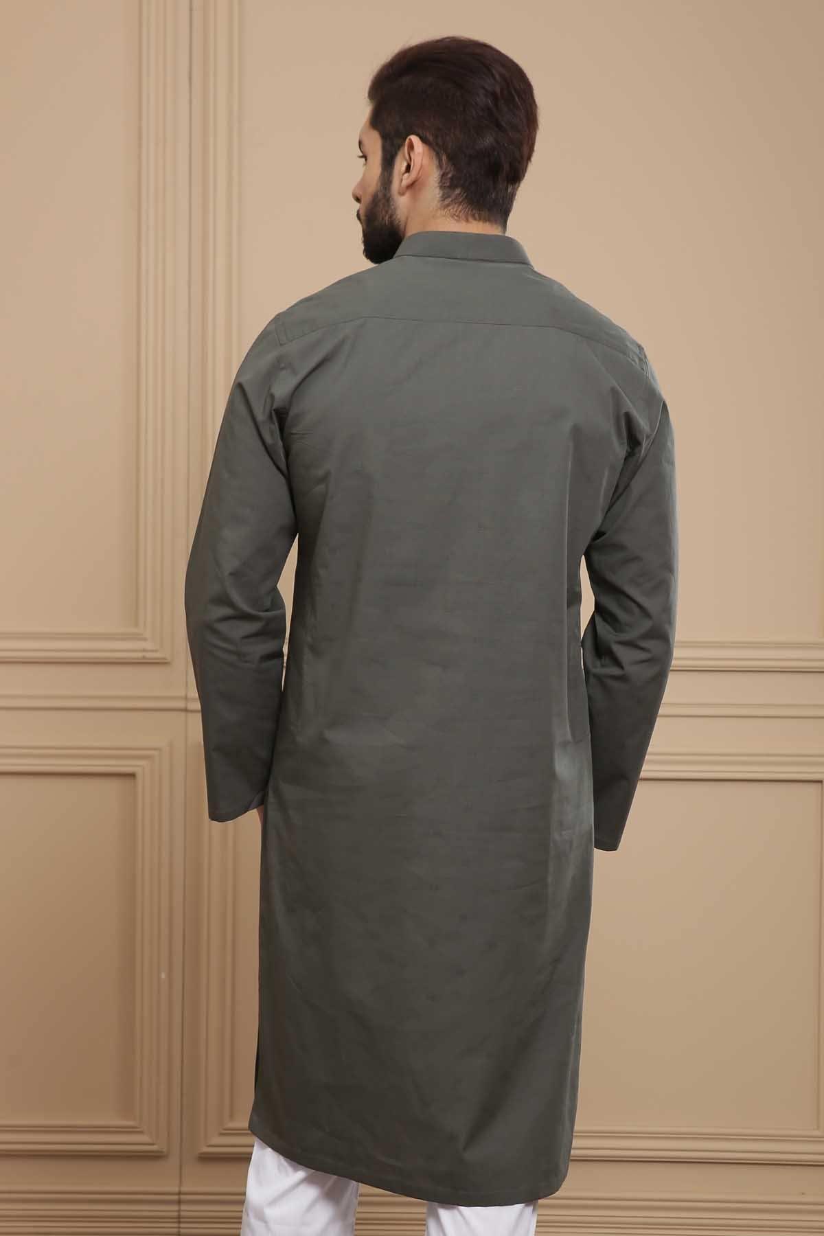 KURTA BAN COLLAR OLIVE at Charcoal Clothing