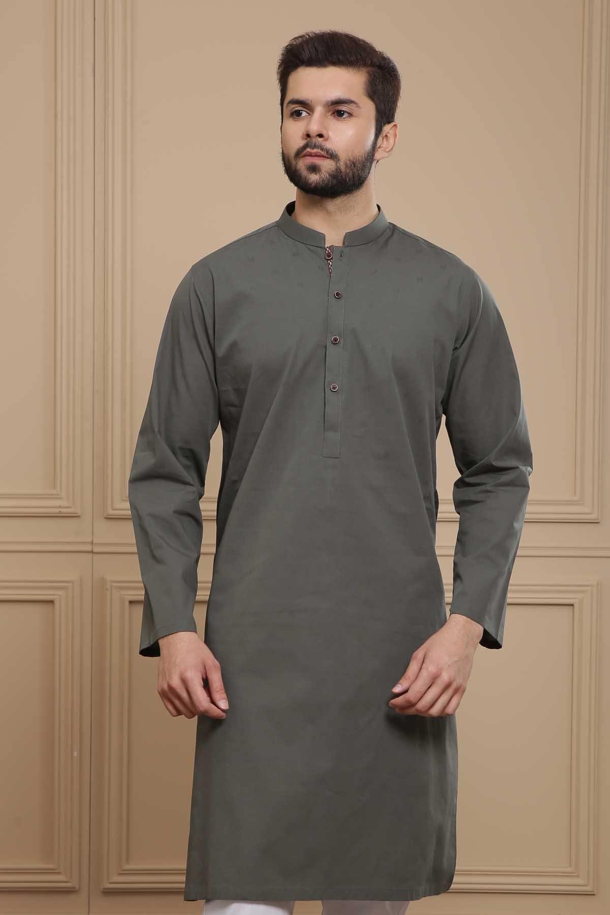 KURTA BAN COLLAR OLIVE at Charcoal Clothing
