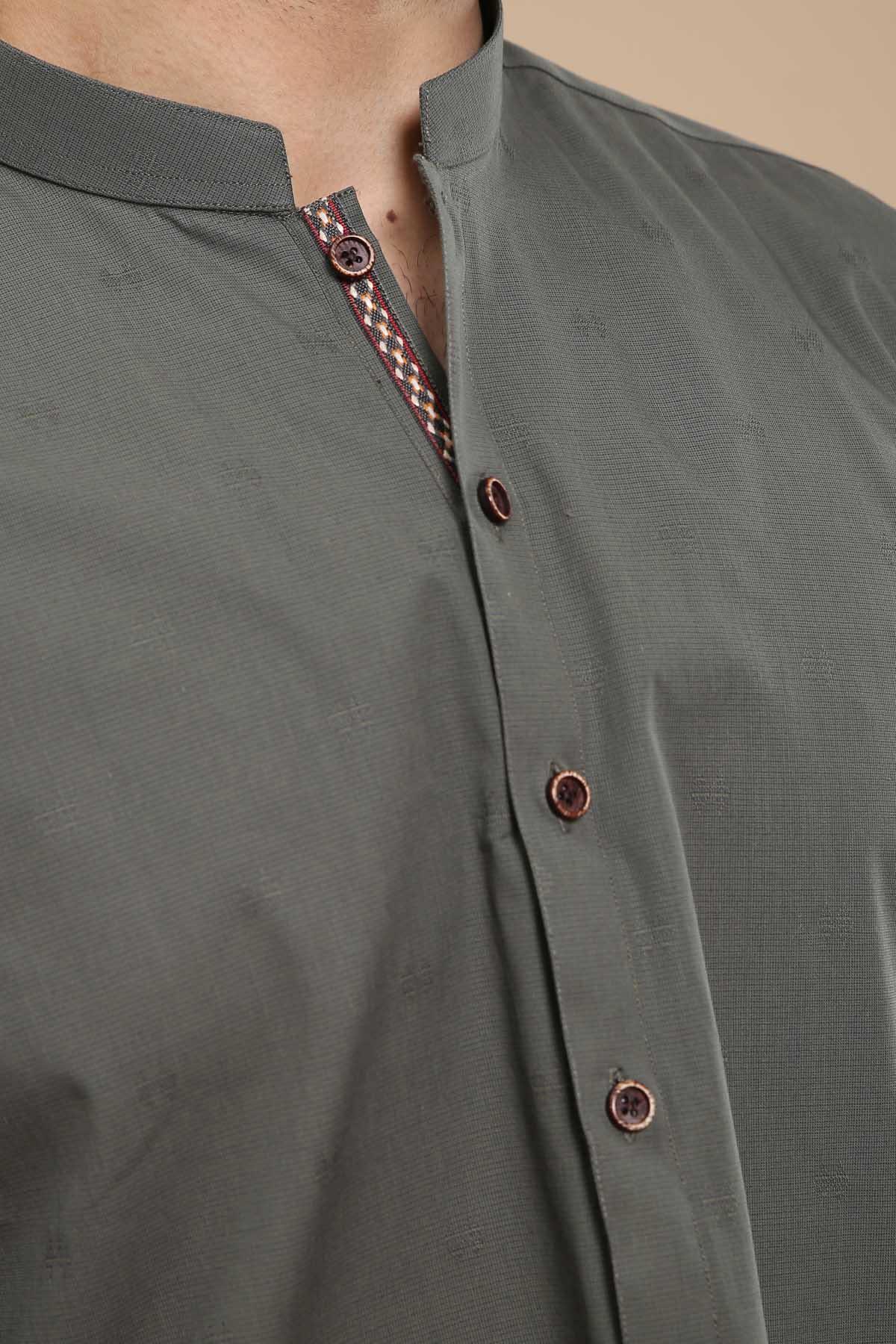 KURTA BAN COLLAR OLIVE at Charcoal Clothing