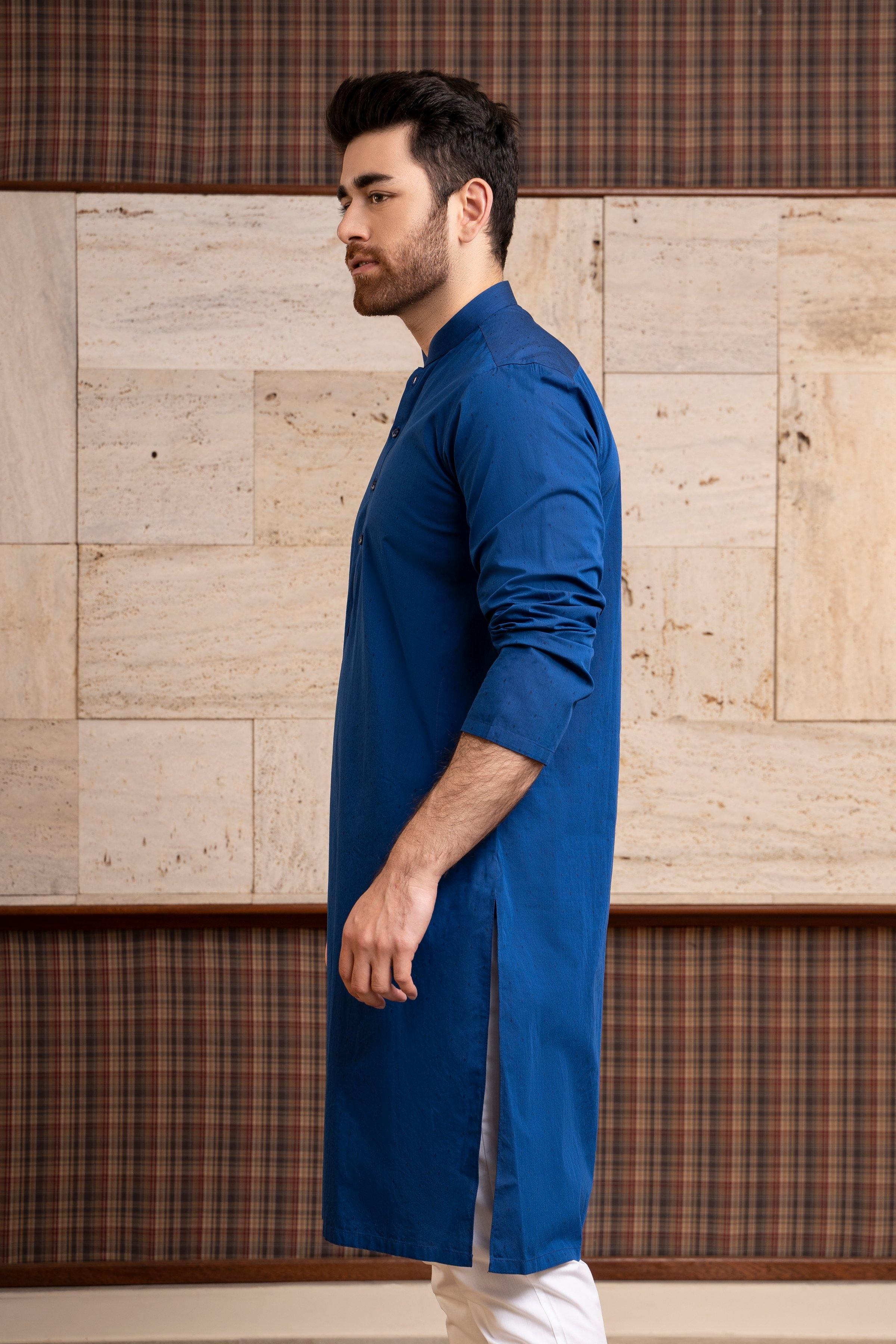 Royal blue men’s kurta side profile with long sleeves and buttoned band collar
