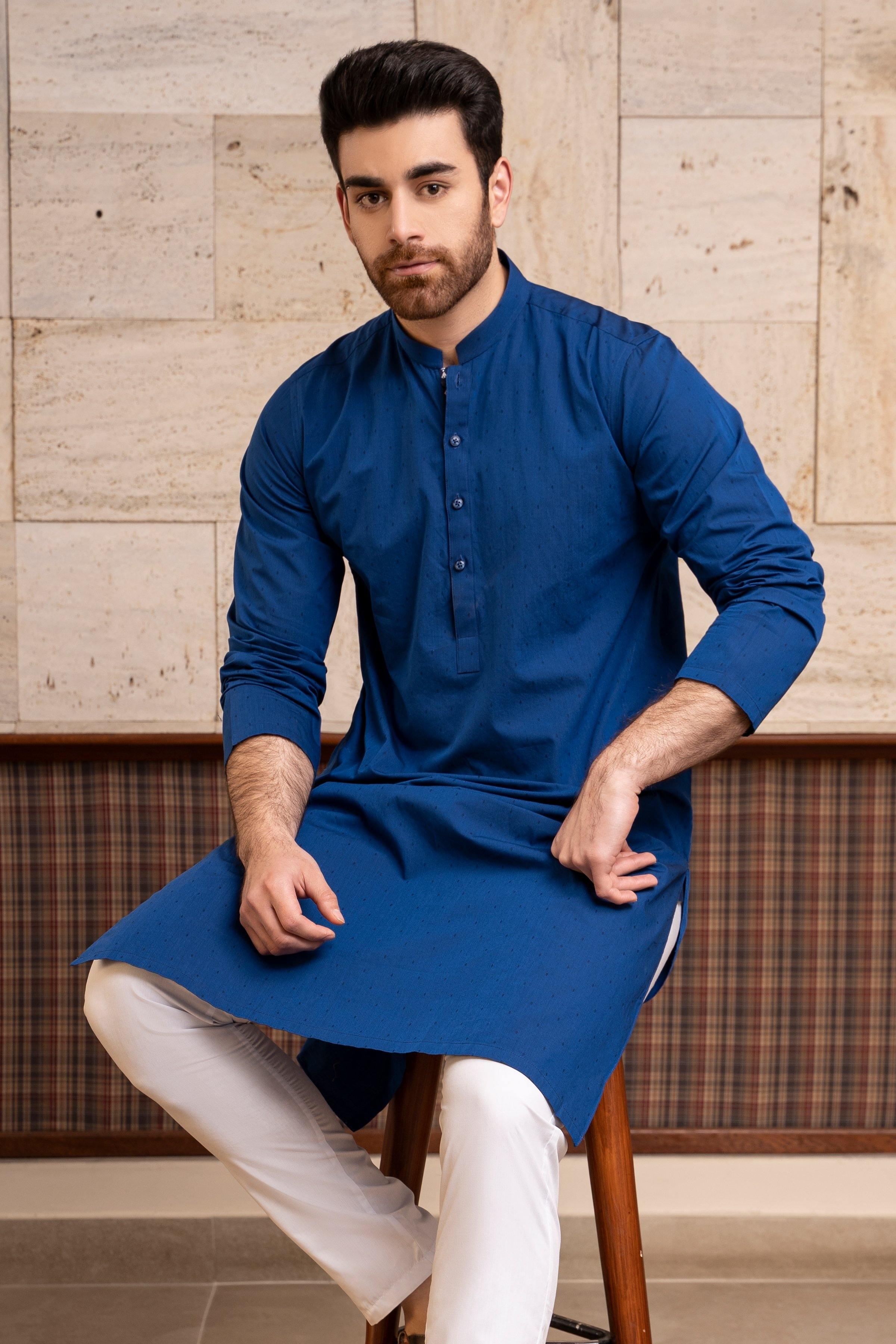 Royal blue men’s kurta seated with band collar, long sleeves, and button placket