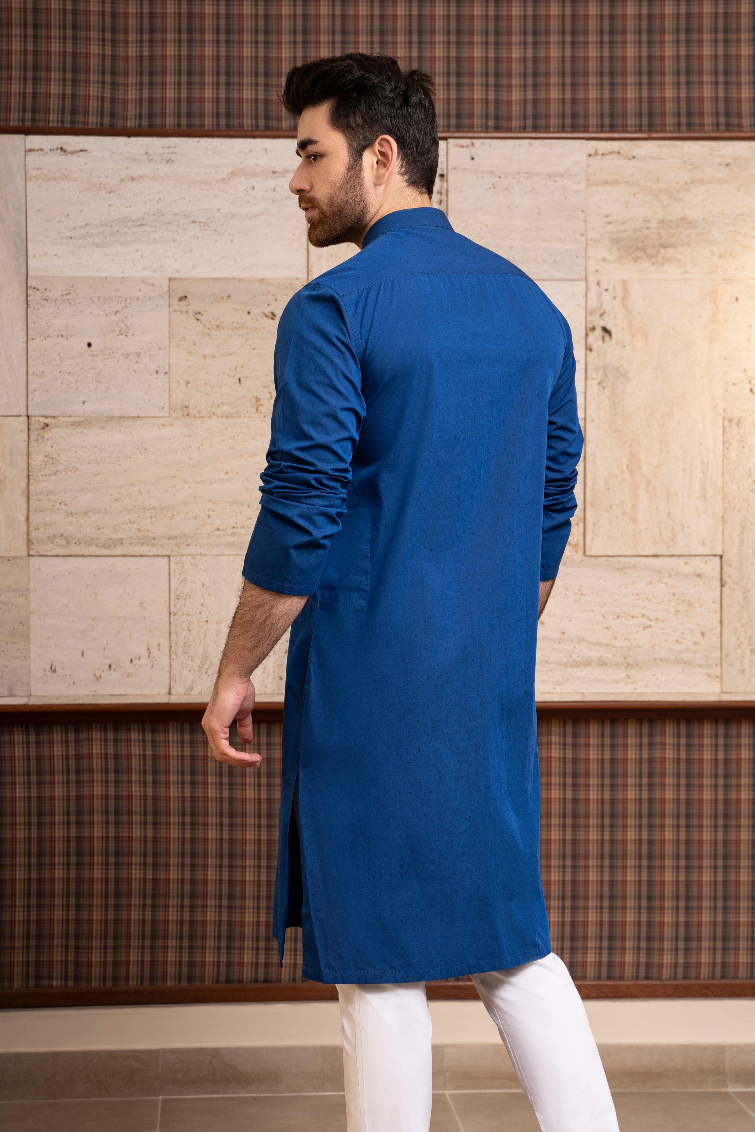 Royal blue men’s kurta back view with long sleeves and band collar