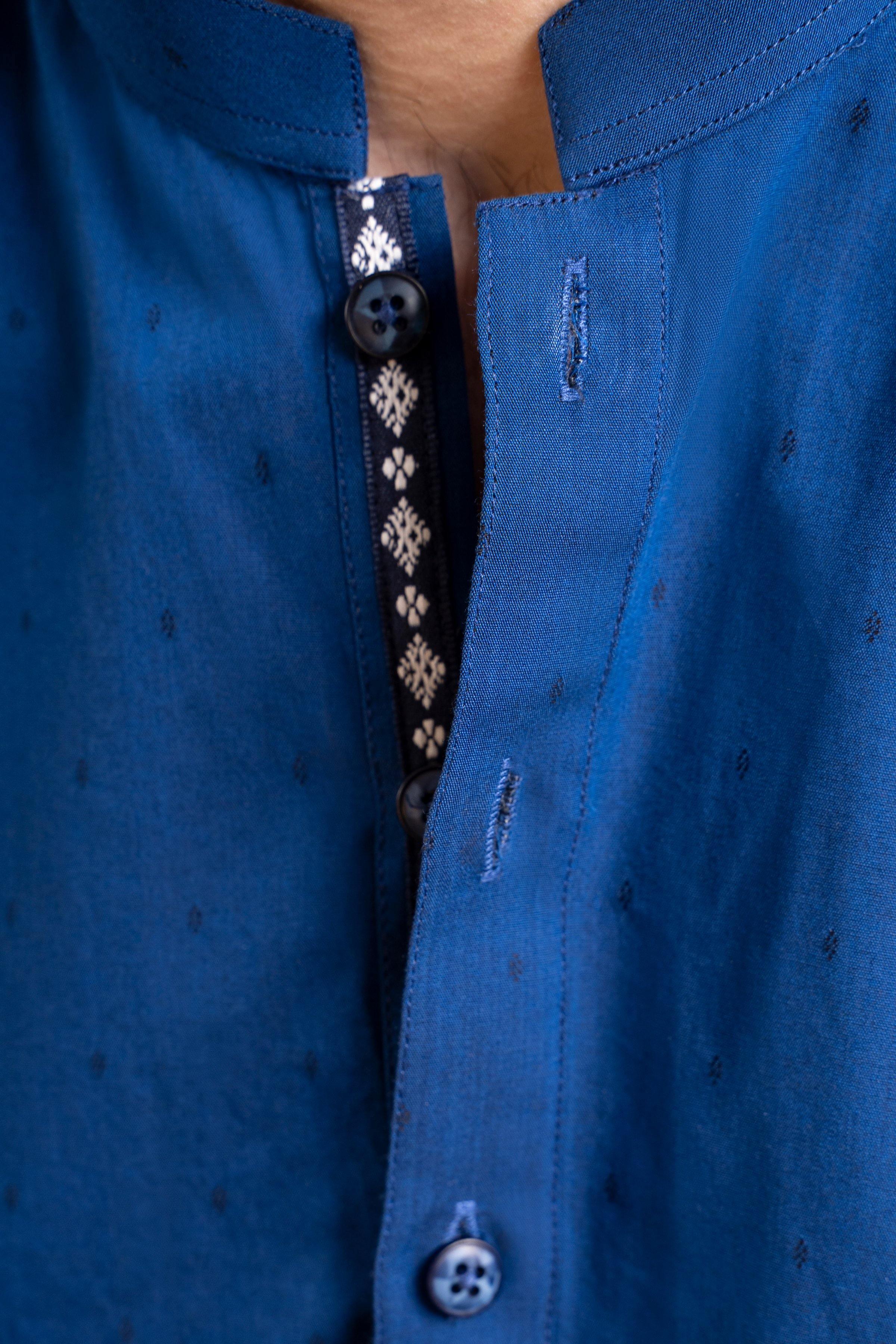 Royal blue kurta button front with band collar placket detail and patterned trim
