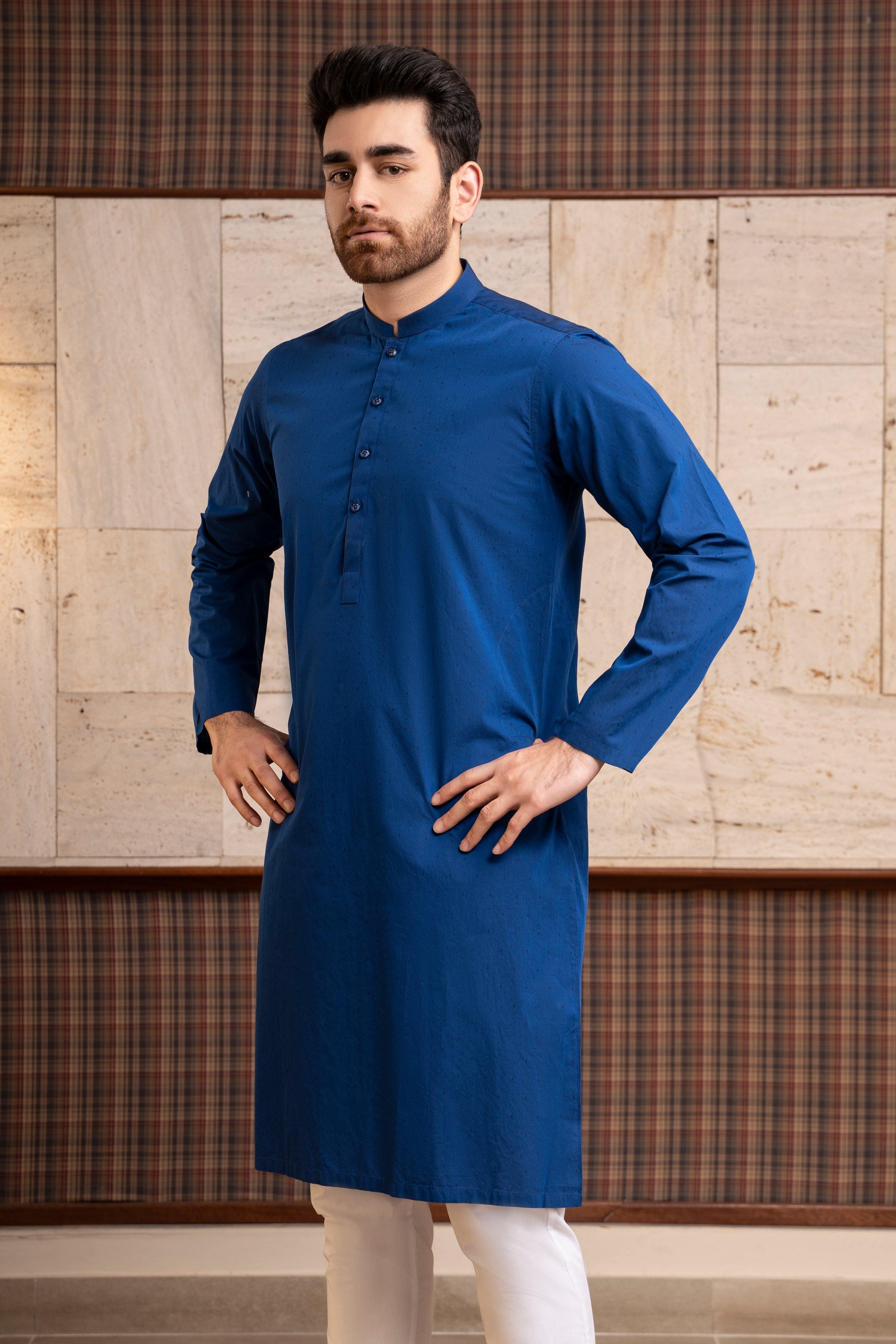 Royal blue men’s kurta with band collar, long sleeves, and button front placket