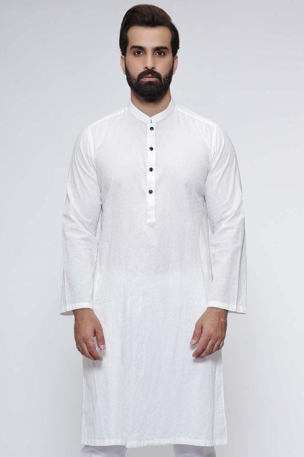 White long kurta with band collar and front buttons, 3/4 sleeves
