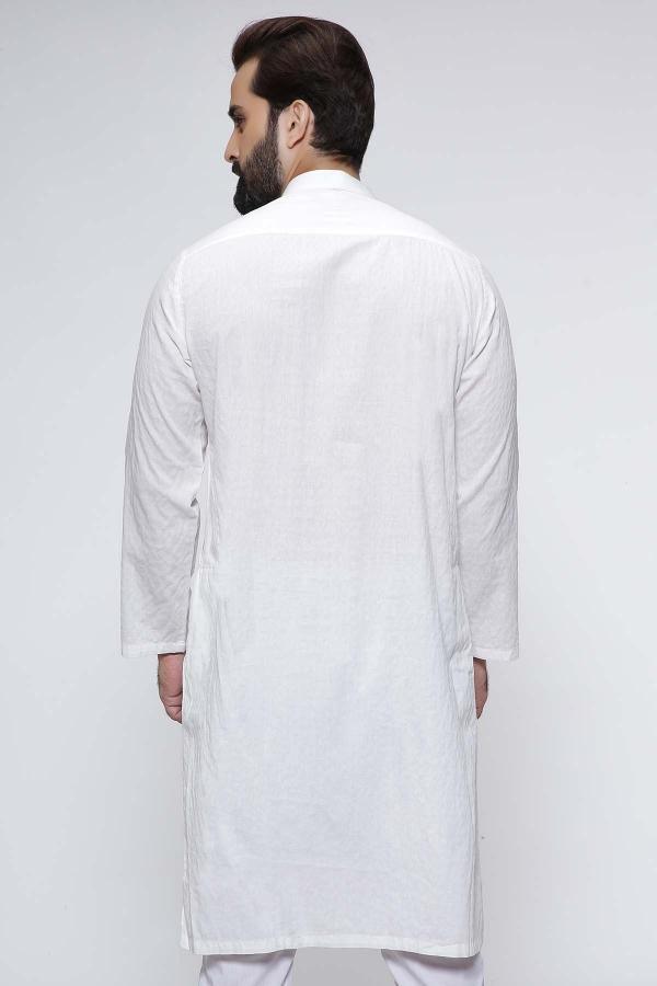 White kurta back view with band collar and full-length plain panel