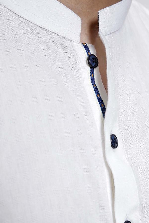 White kurta with band collar, button placket and textured fabric detail