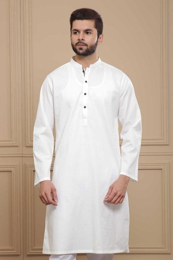White kurta with band collar, long sleeves, front button placket