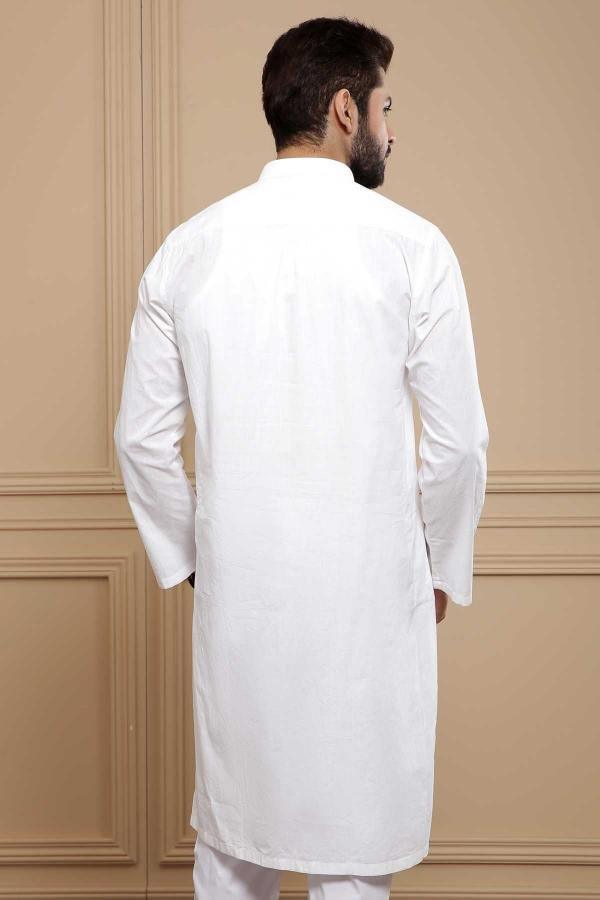 Men's white kurta from back view with band collar and long sleeves