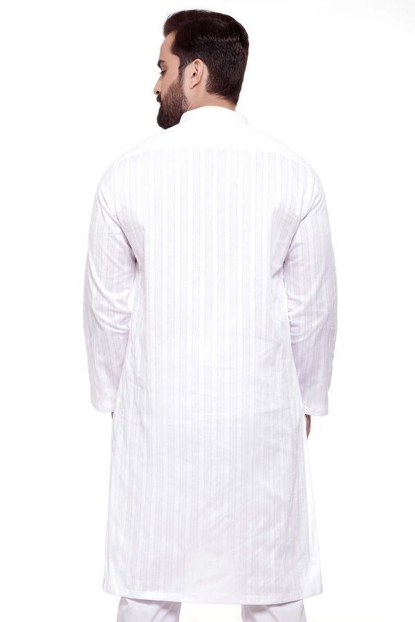 White kurta, band collar and long back cut with side pockets