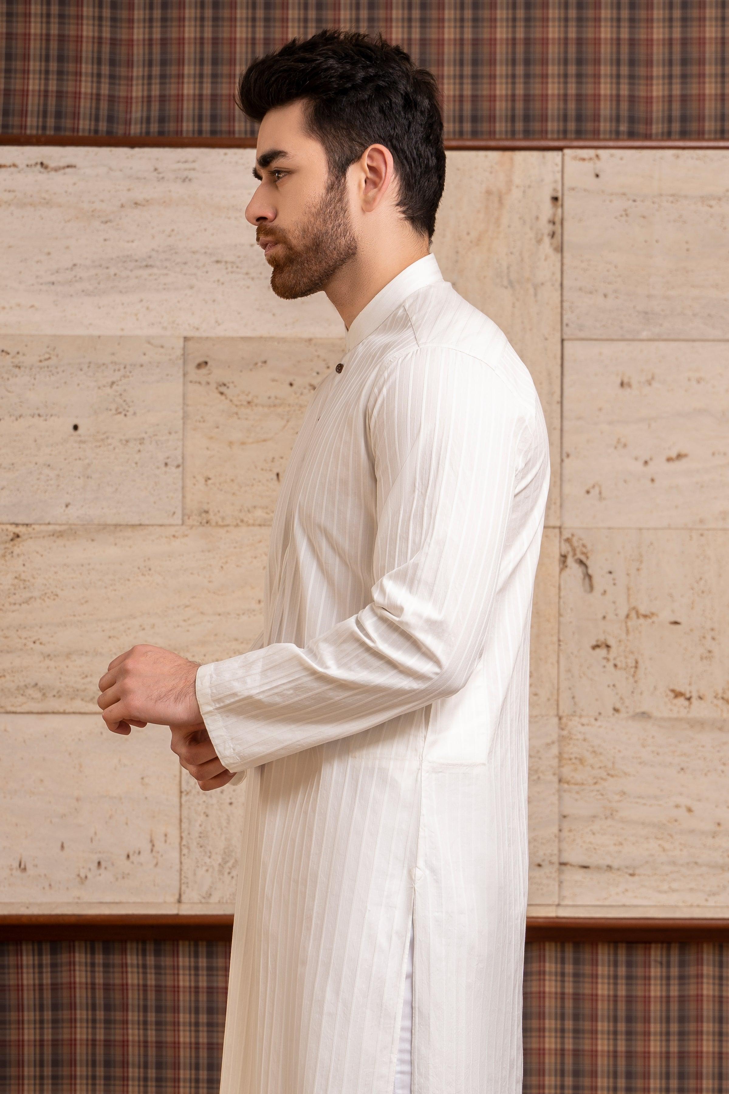 White kurta with band collar and button placket, long sleeves, side view