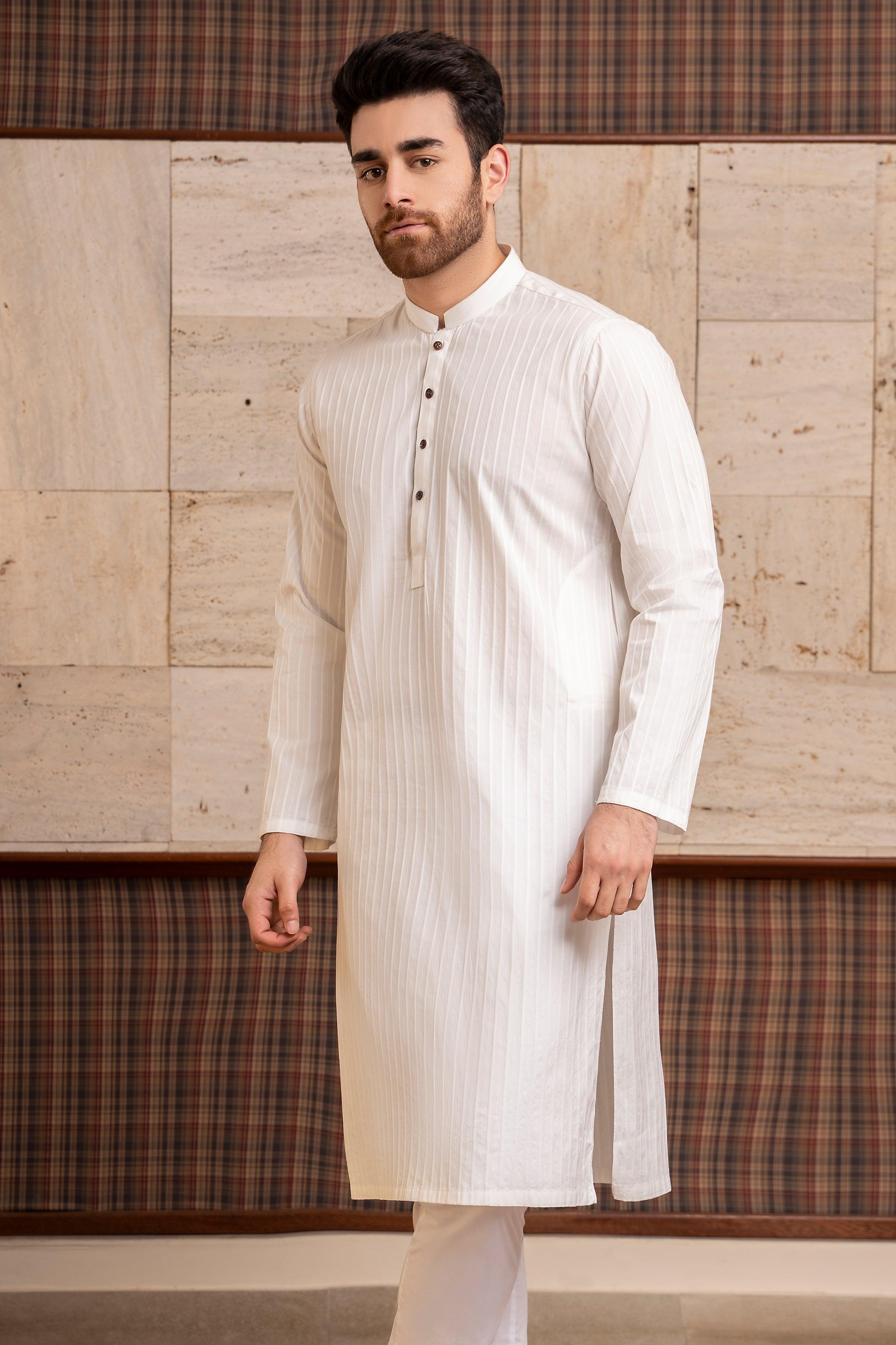 White kurta with band collar, button placket, long sleeves, vertical stripe texture