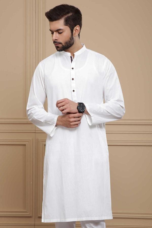 Men's white kurta, band collar, brown button placket