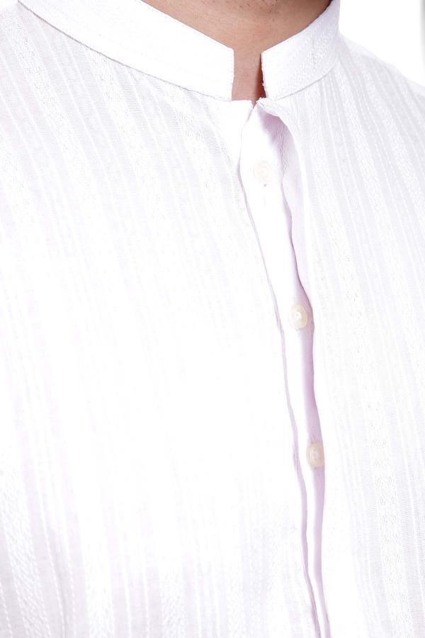 White kurta band collar close-up with button placket